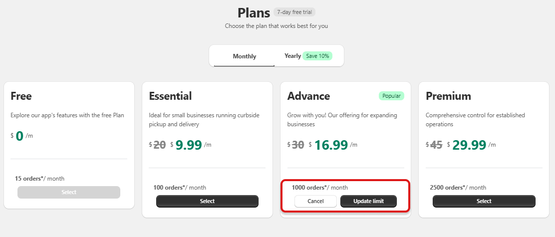 Plans page comparing Free, Essential, Advance, and Premium pricing tiers