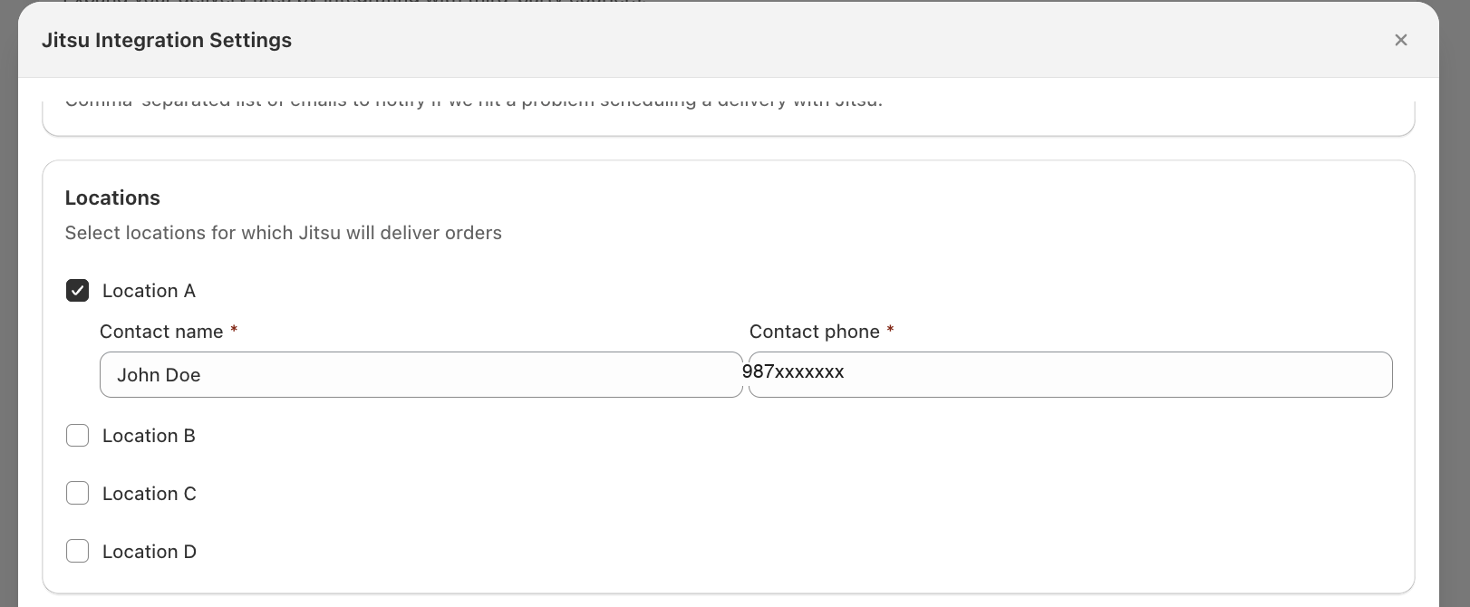 Jitsu Integration Settings showing the Locations panel with one location ticked, Contact name and a masked Contact phone filled in