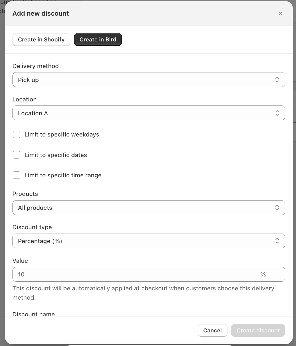 Add new discount form with Create in Bird selected, showing the delivery method, location, condition checkboxes, products, discount type and value