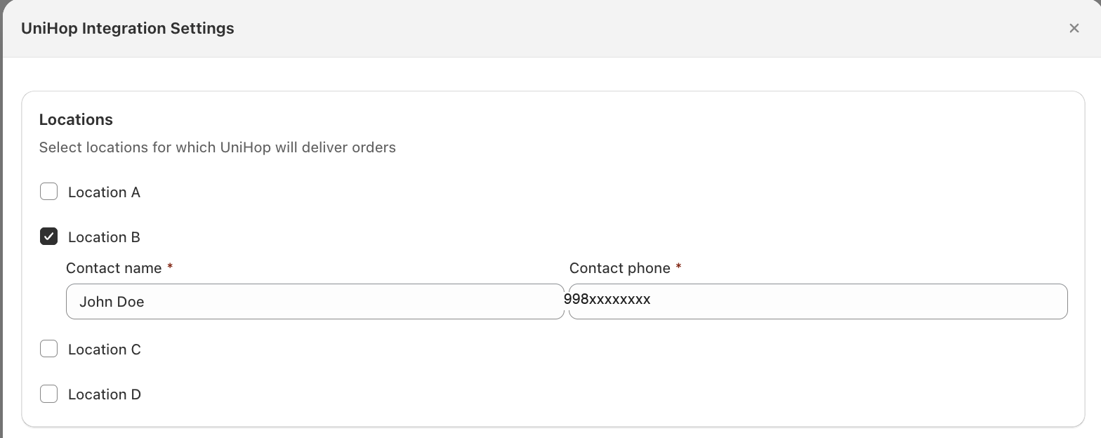UniHop Integration Settings showing the Locations panel with one location ticked, Contact name and a masked Contact phone filled in