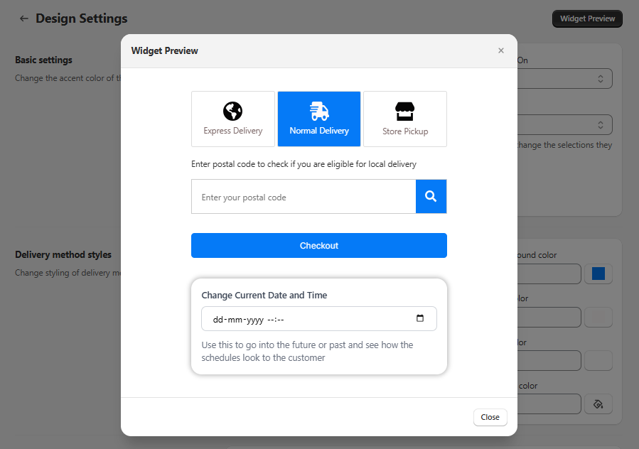 Widget preview modal showing delivery method options and a postal code eligibility check