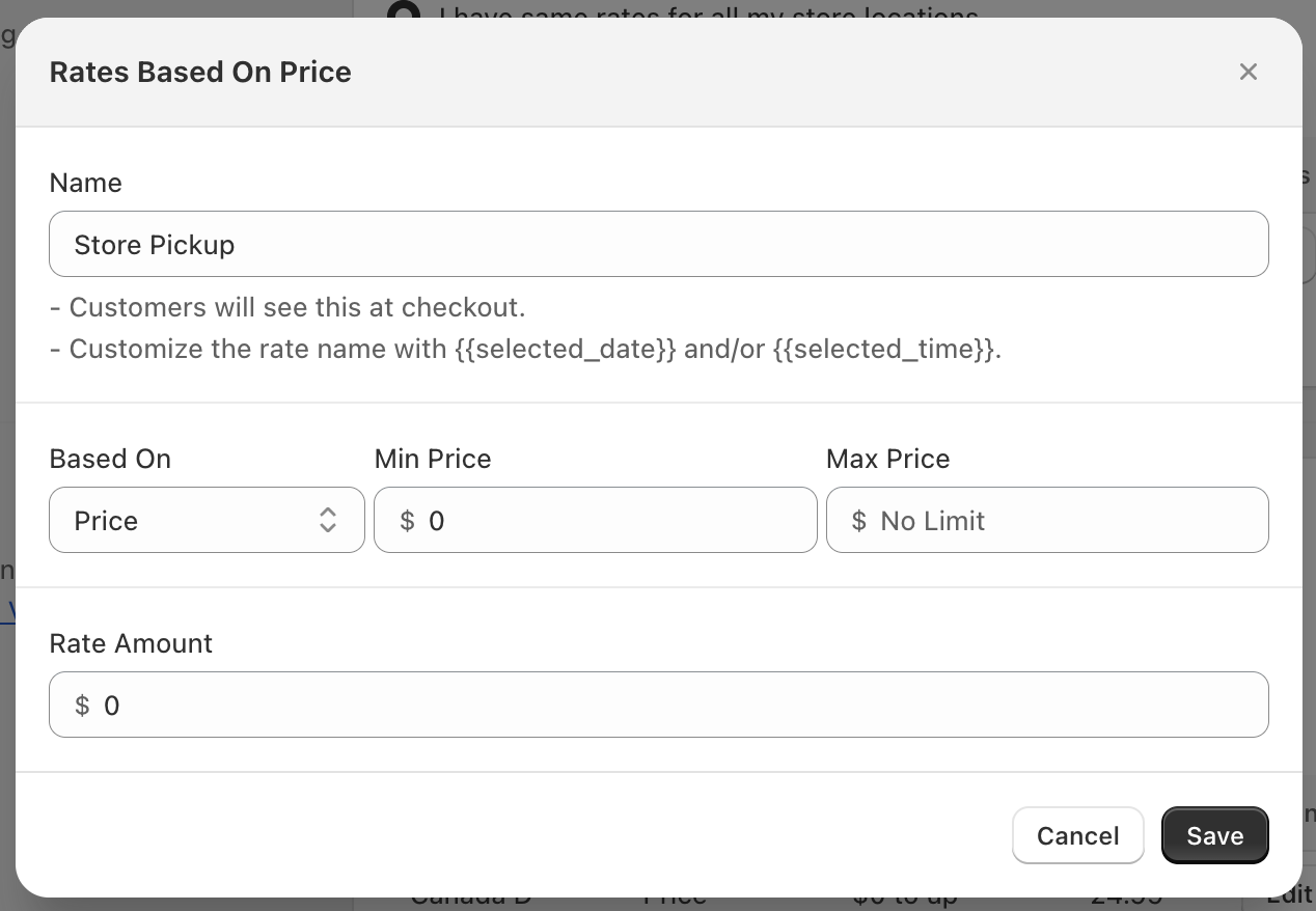 Shows price-based rate configuration with min/max order price fields and rate amount field