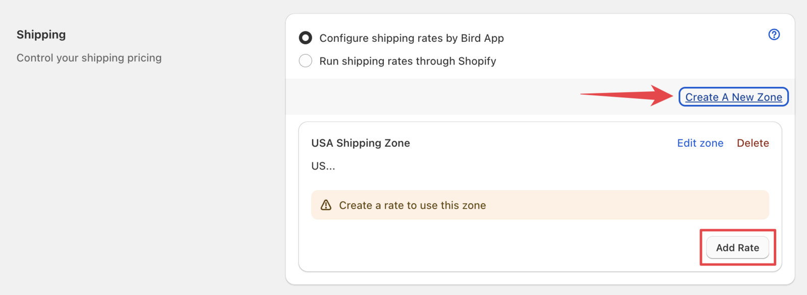 Zone management interface showing options to edit zones or create new ones
