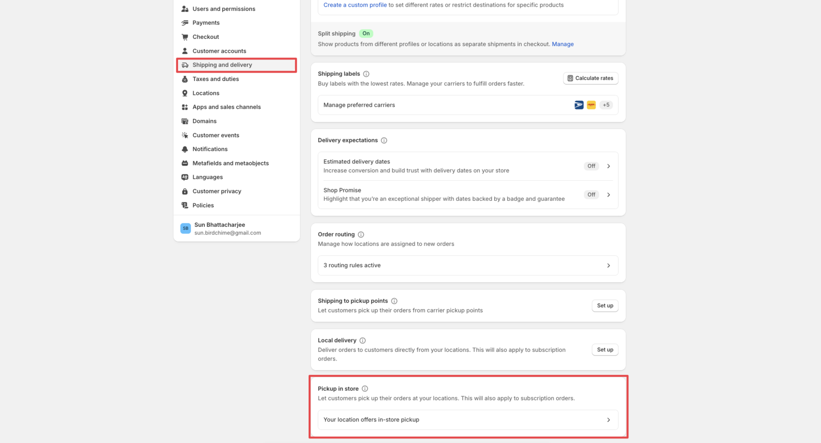 Shopify admin Settings page with Shipping and delivery section highlighted, specifically the Pickup in store area