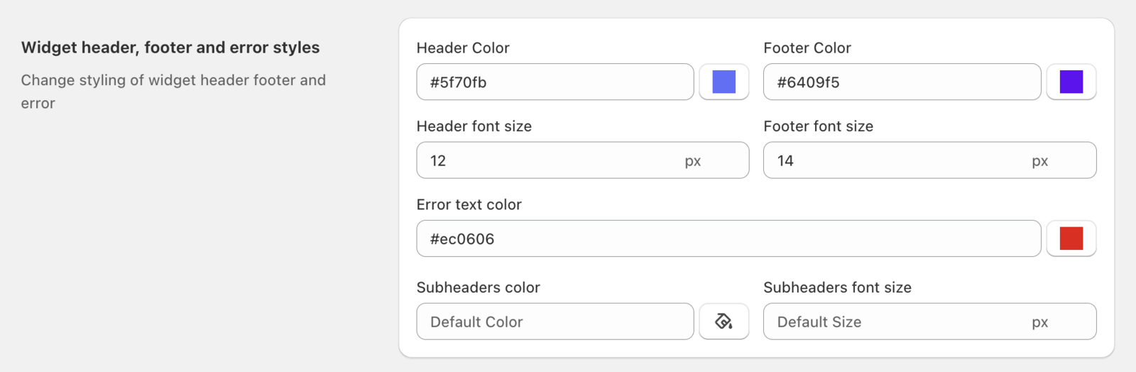 Header, footer, and error message styling configuration showing color and text options