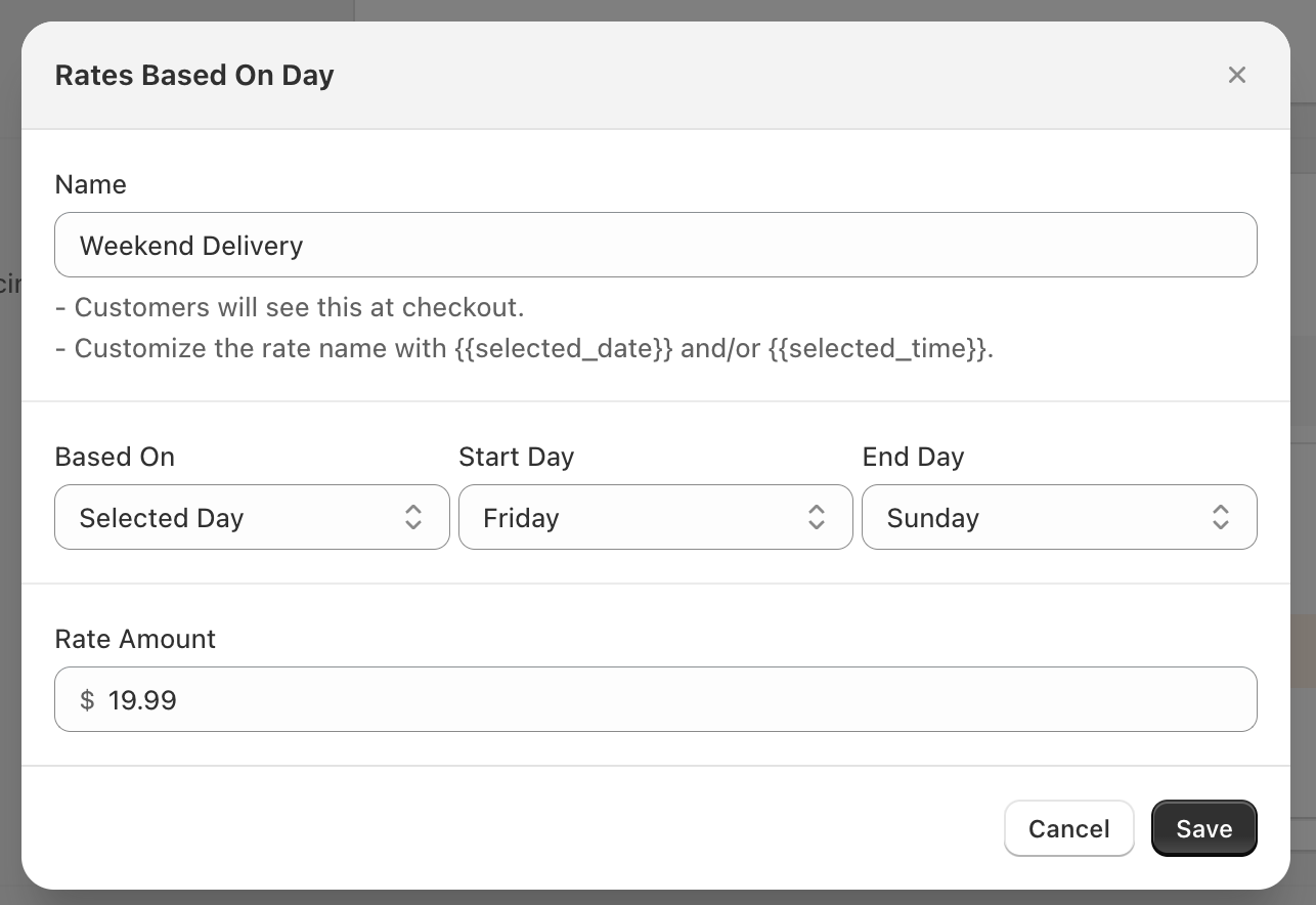 Day condition configuration showing start and end day selection with rate field