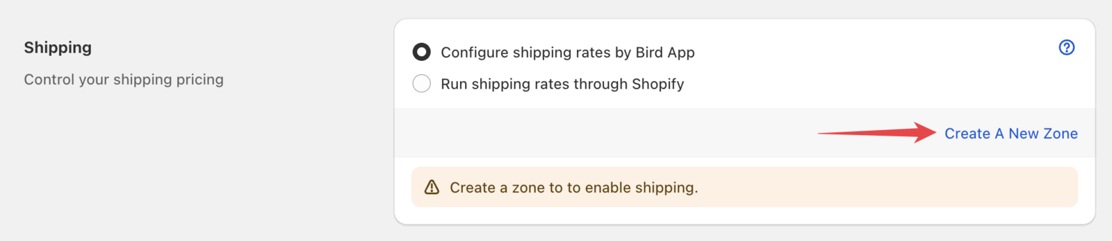 Bird App Rates section showing the Shipping area with "Create a New Zone" button highlighted
