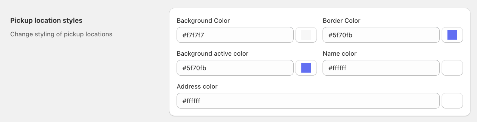 Pickup location styling options showing background colors, border colors, and text color settings