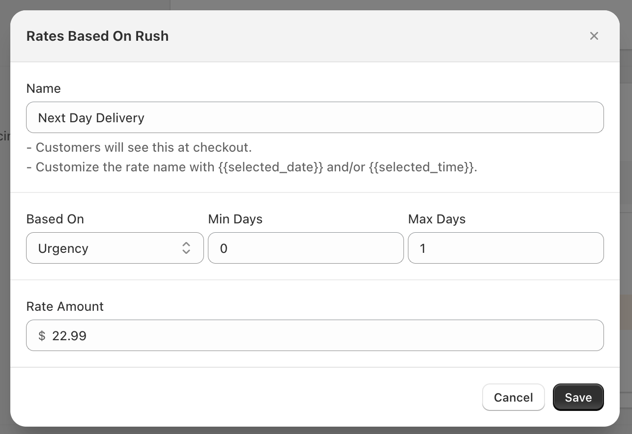 Rush condition configuration showing minimum and maximum rush day fields