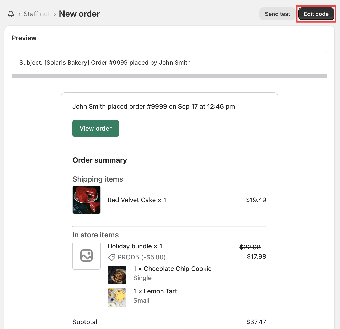 Displays the Edit Code button that allows customization of the new order notification template