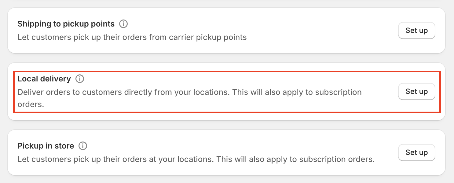 Shopify admin shipping settings page showing Local Delivery section highlighted in the navigation
