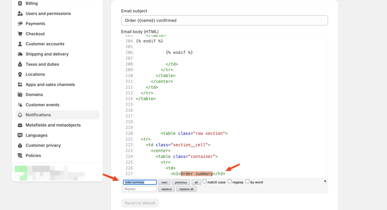 Find dialog box open in the email template editor, searching for "Order Summary" text