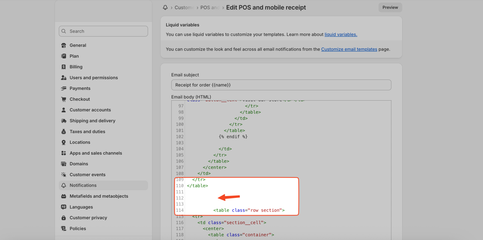 Shows the proper placement of the delivery information code above the Order Summary section in the email template