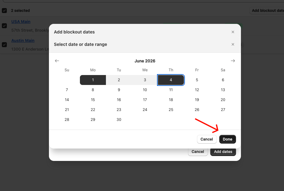Shows the date picker calendar with a date range selected and the Done button highlighted