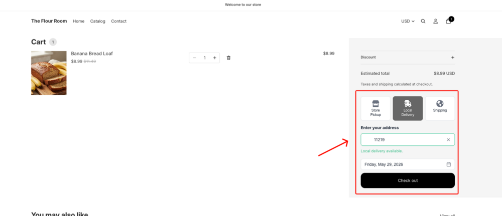 V2 cart widget on the cart page showing delivery options and date selection