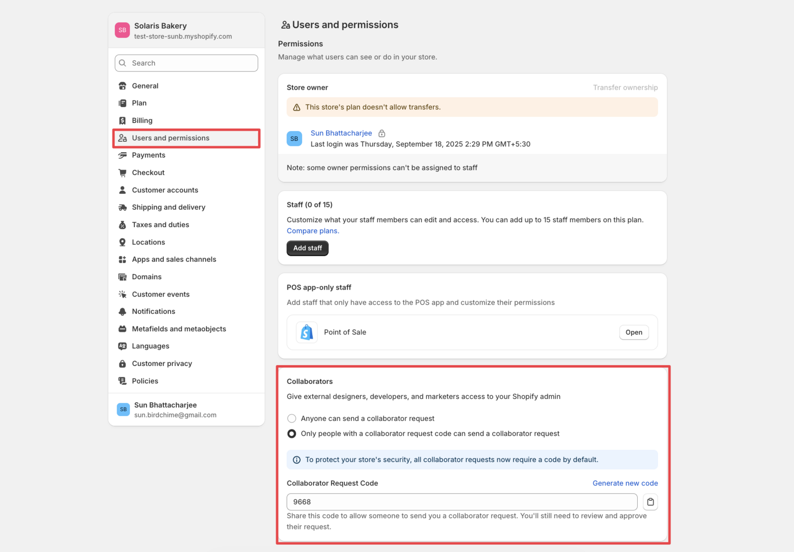 Shows the Users and permissions section with the Collaborators option visible