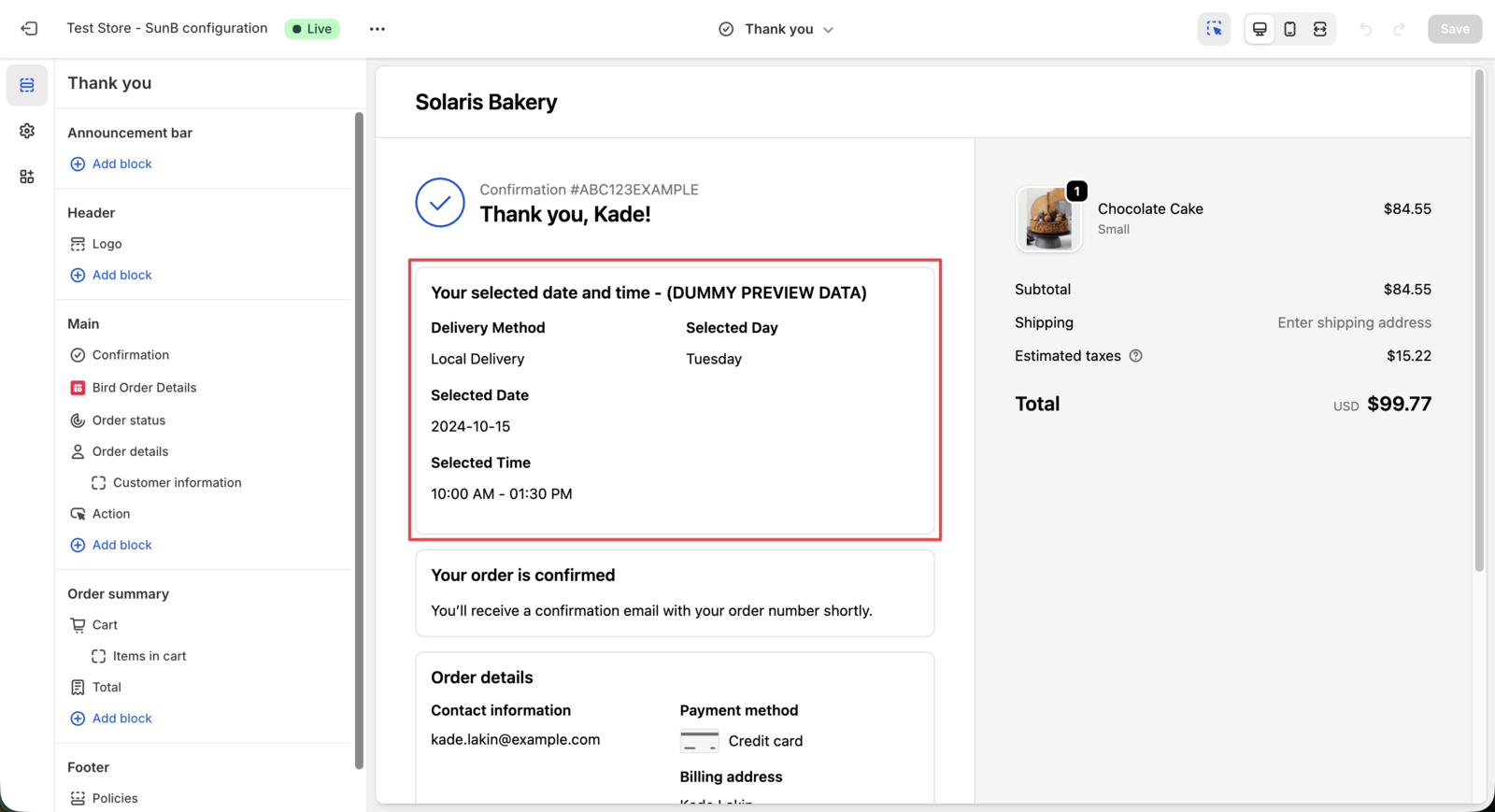 Showing the Order Status section selection in the checkout customization interface