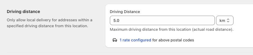 Shows the Driving distance field set to 5.0 km with the description "Maximum driving distance from this location (actual road distance)"