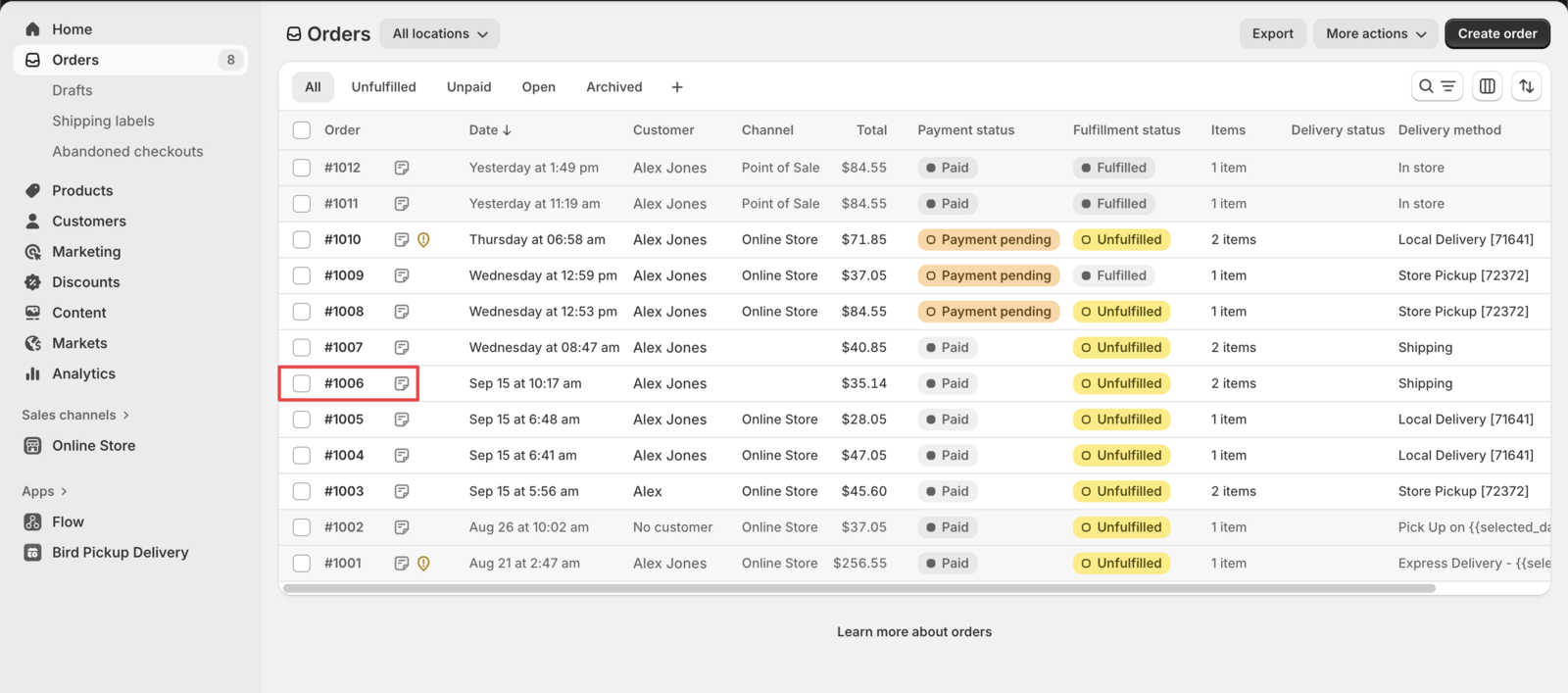 Shows the completed order listed in the Shopify orders section