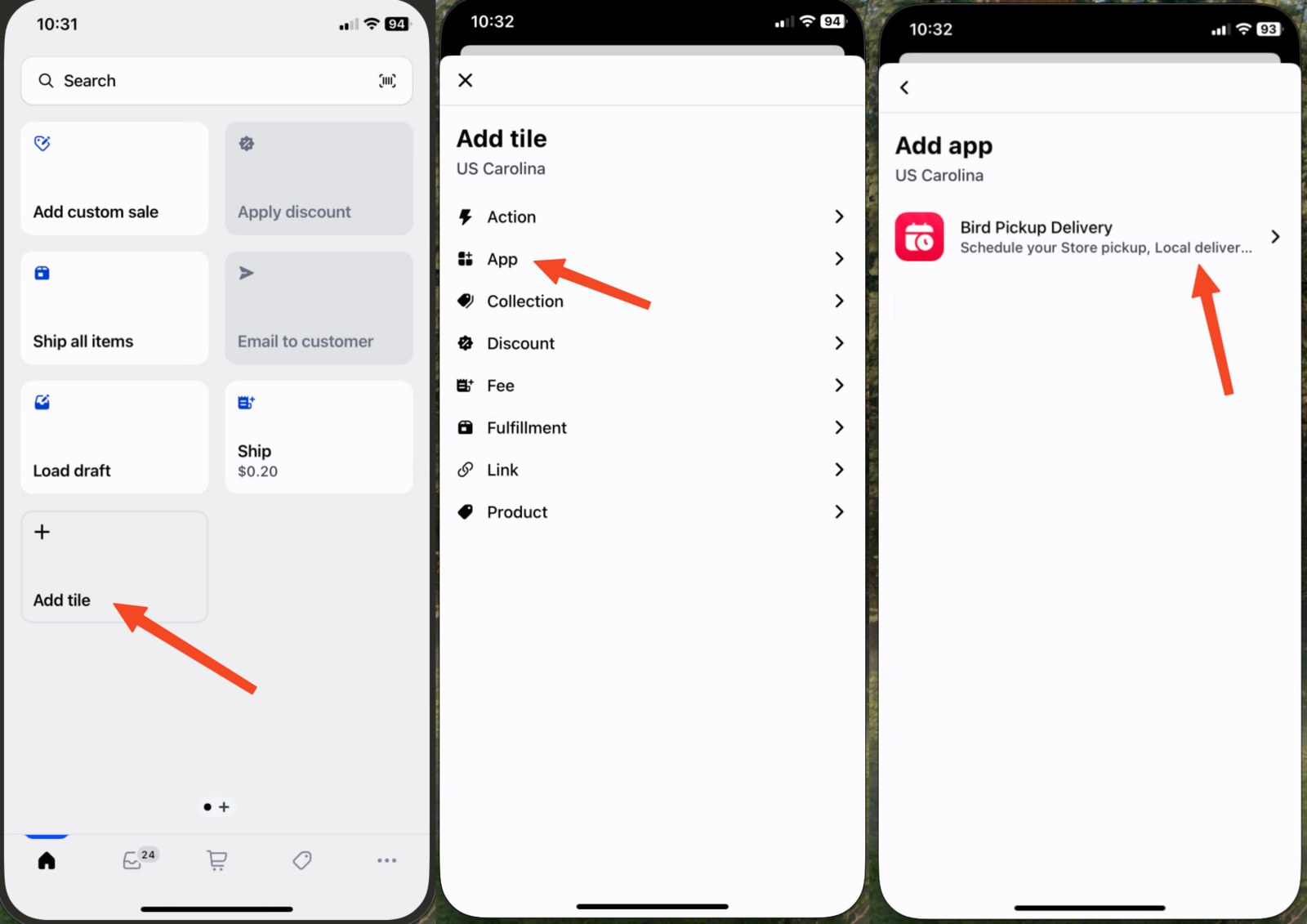Shows the POS app tile selection screen with Bird Pickup Delivery app highlighted