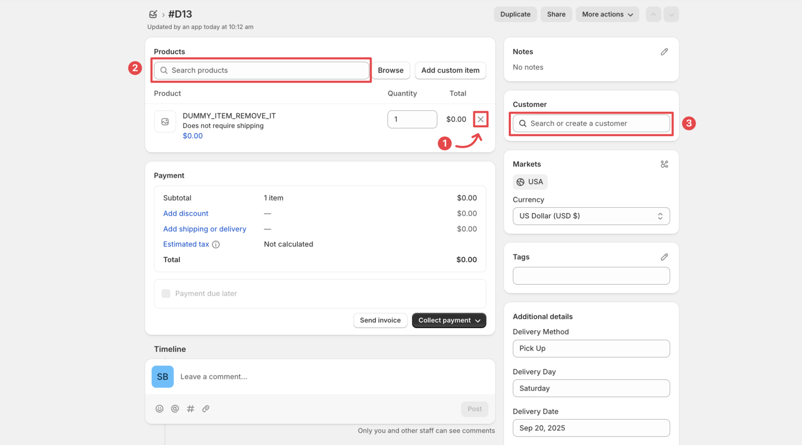 Shows the draft order in Shopify with product and customer details being configured