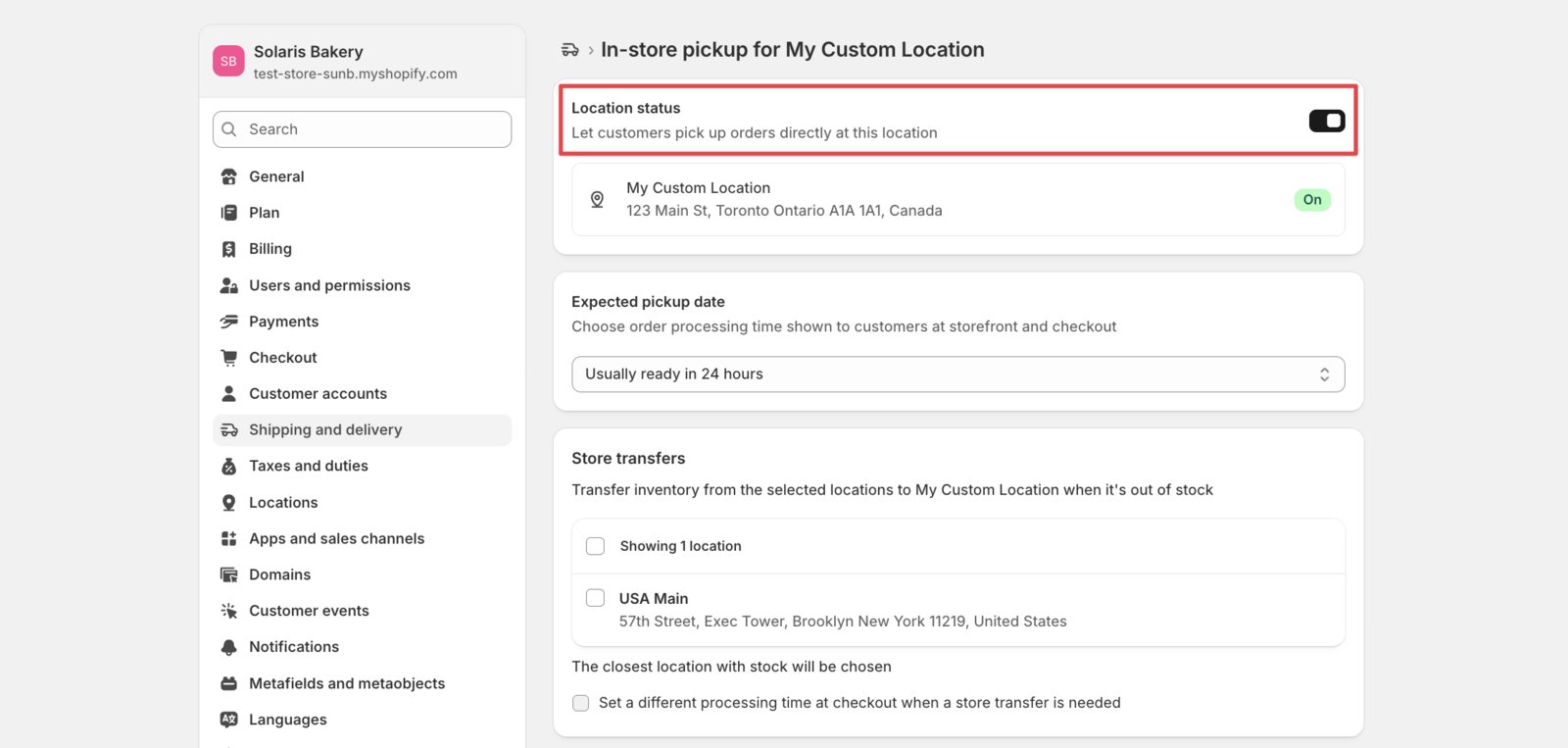 Shows the location settings with the store pickup toggle switched on, demonstrating the active state