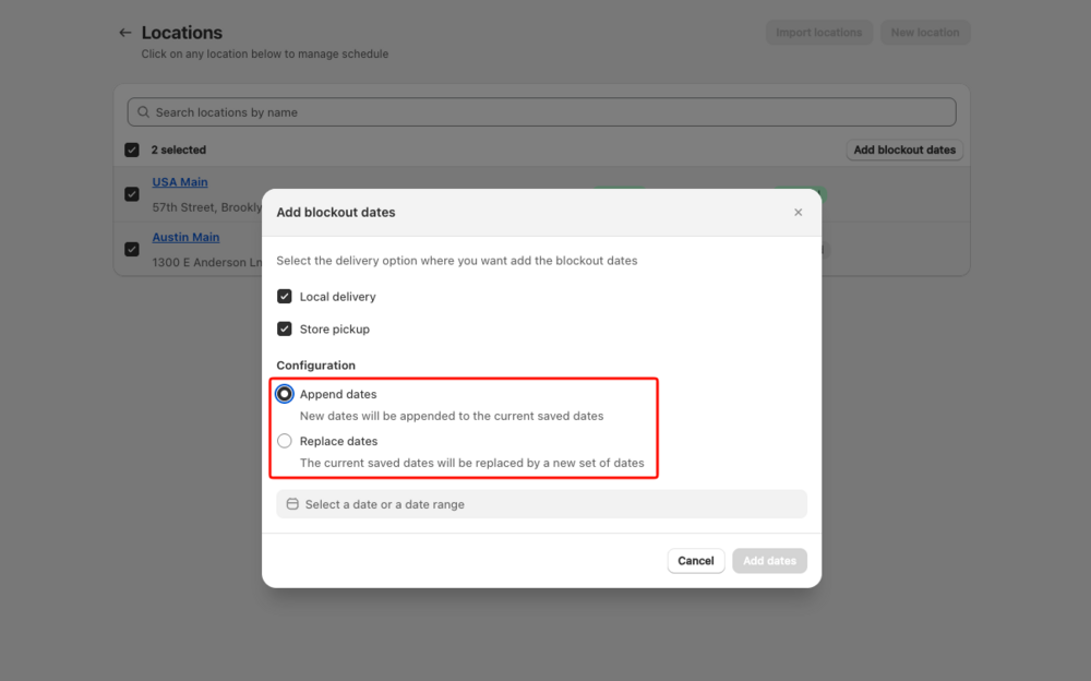 Shows the Add blockout dates modal with Local delivery and Store pickup checkboxes highlighted