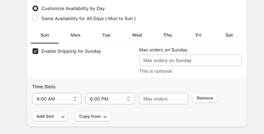 Shows day-specific settings with tabs for each weekday