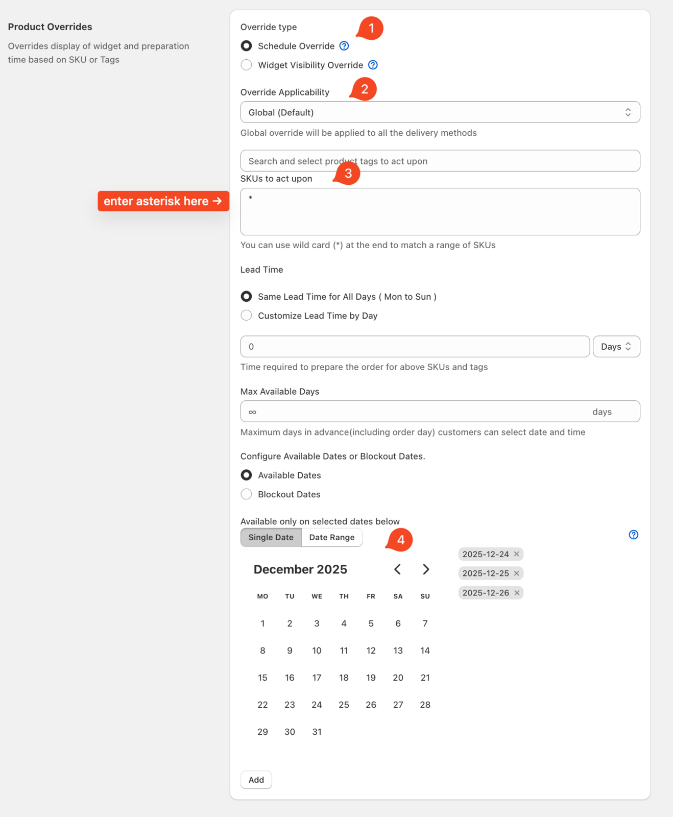 Shows Product Override settings page with relevant options selected