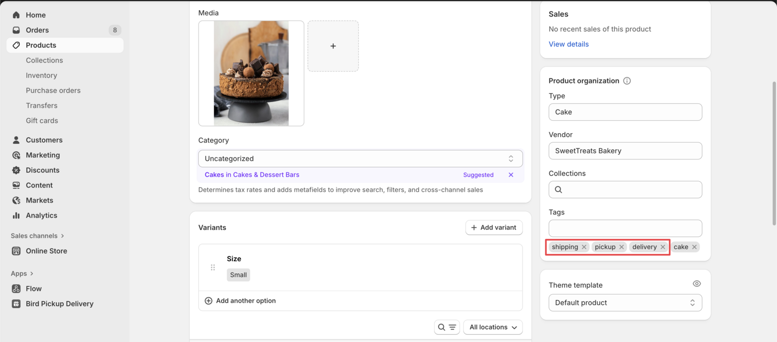 Product edit page showing tags field with delivery method tags entered