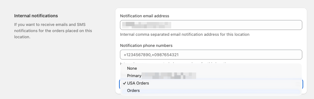 Shows the location settings page with Google Calendar dropdown menu for selecting which calendar to use for that specific location
