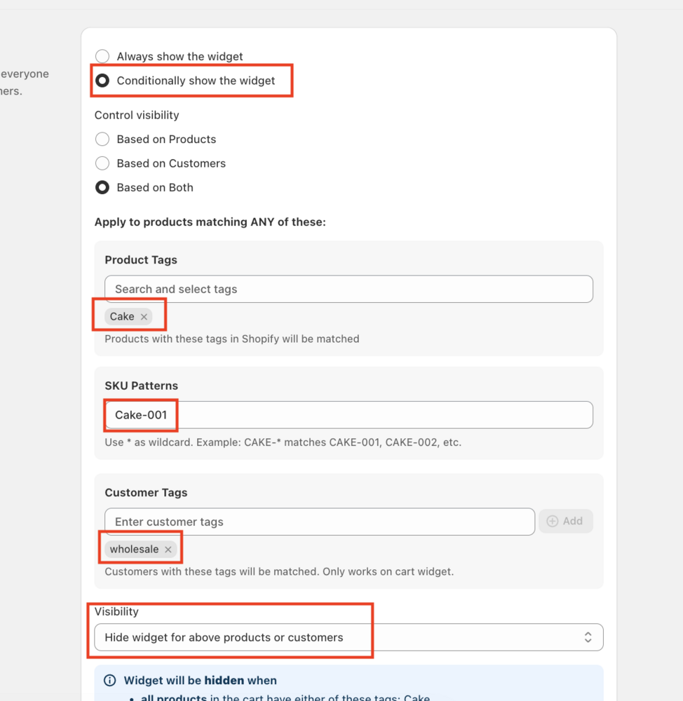 Shows the completed Widget Visibility page with Conditionally show the widget selected, targeting fields filled in, and a Visibility rule applied