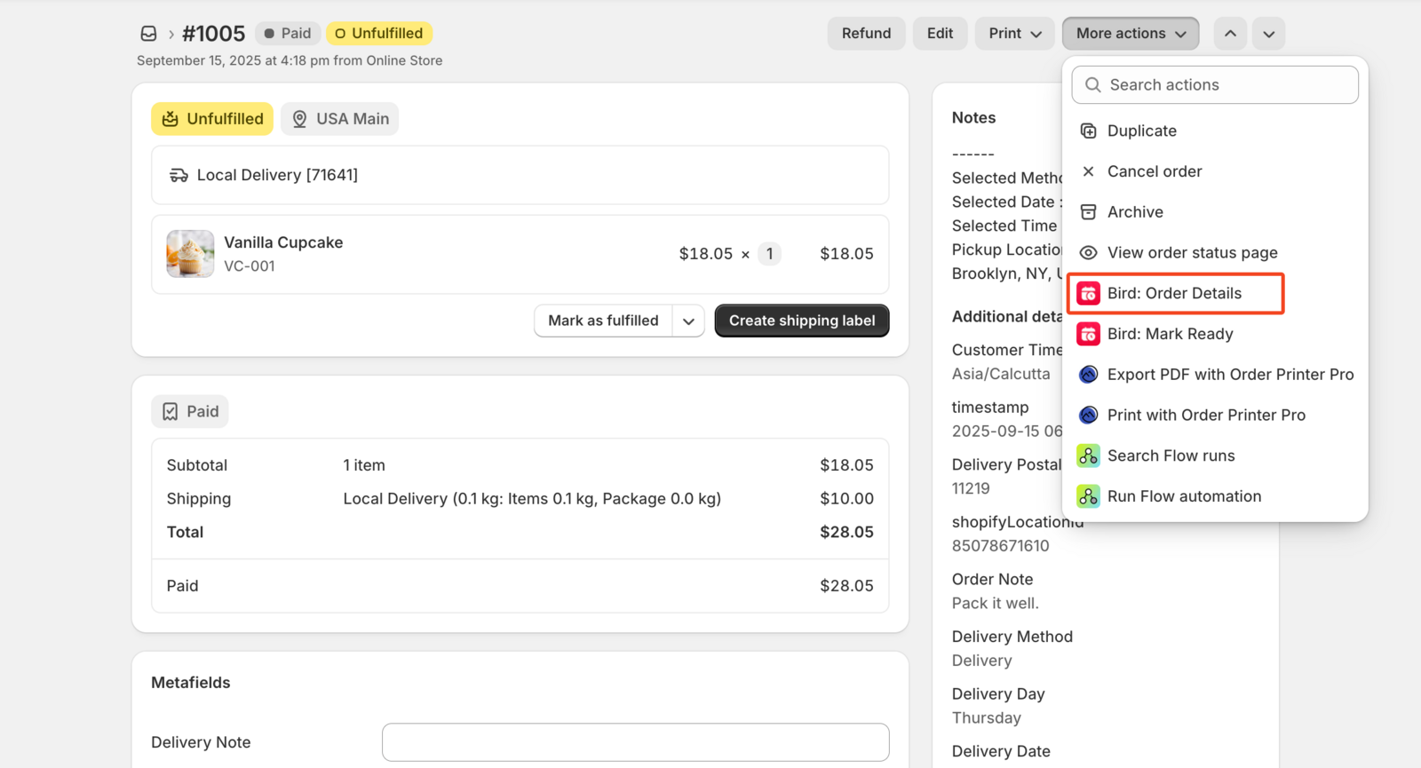 Shows the More Actions menu with Bird: Update Details option highlighted
