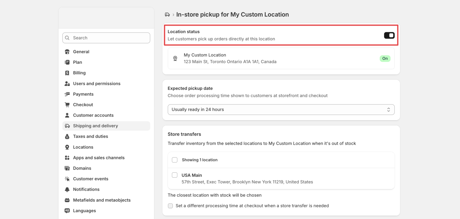 Shows the location settings with the store pickup toggle switched on, demonstrating the active state