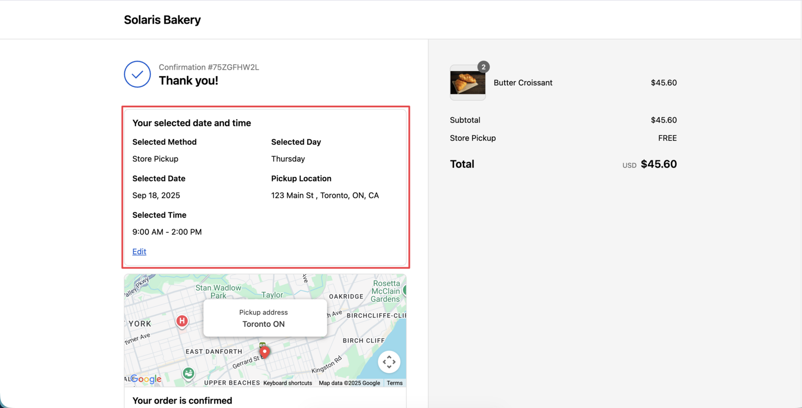 Shows the final customer-facing result with delivery date, time, and method information displayed on the thank you page