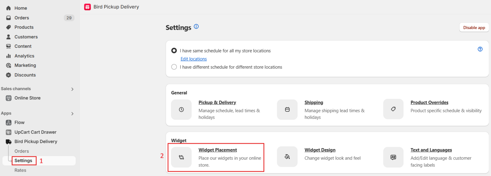 Bird Pickup and Delivery app widget placement settings in Shopify admin