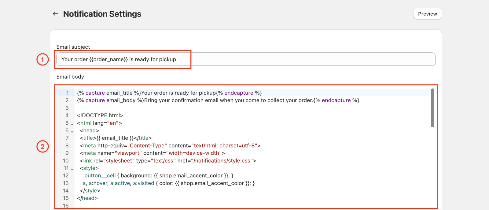 Email template editor showing subject and body customization options