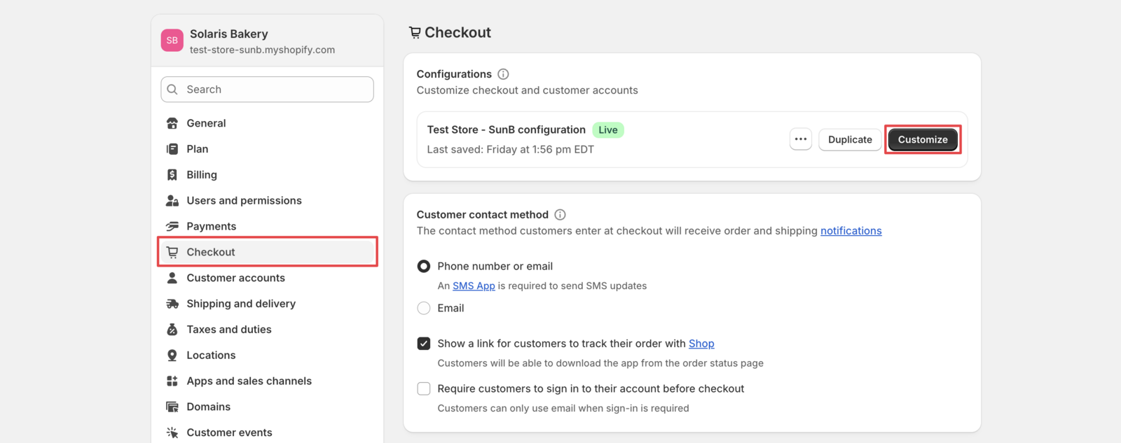 Shows the Shopify admin navigation to Checkout settings with the Customize option highlighted