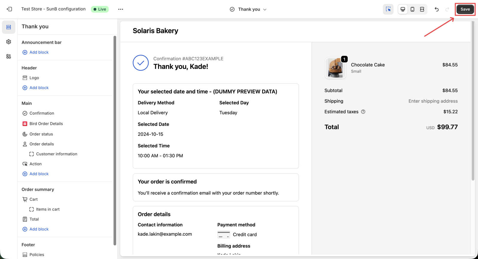 Shows the save button location in the top right corner of the checkout customization interface