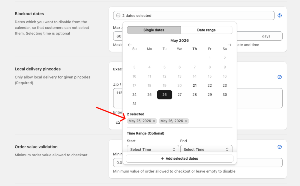 Shows 2 dates selected as removable tags below the calendar in Single dates mode