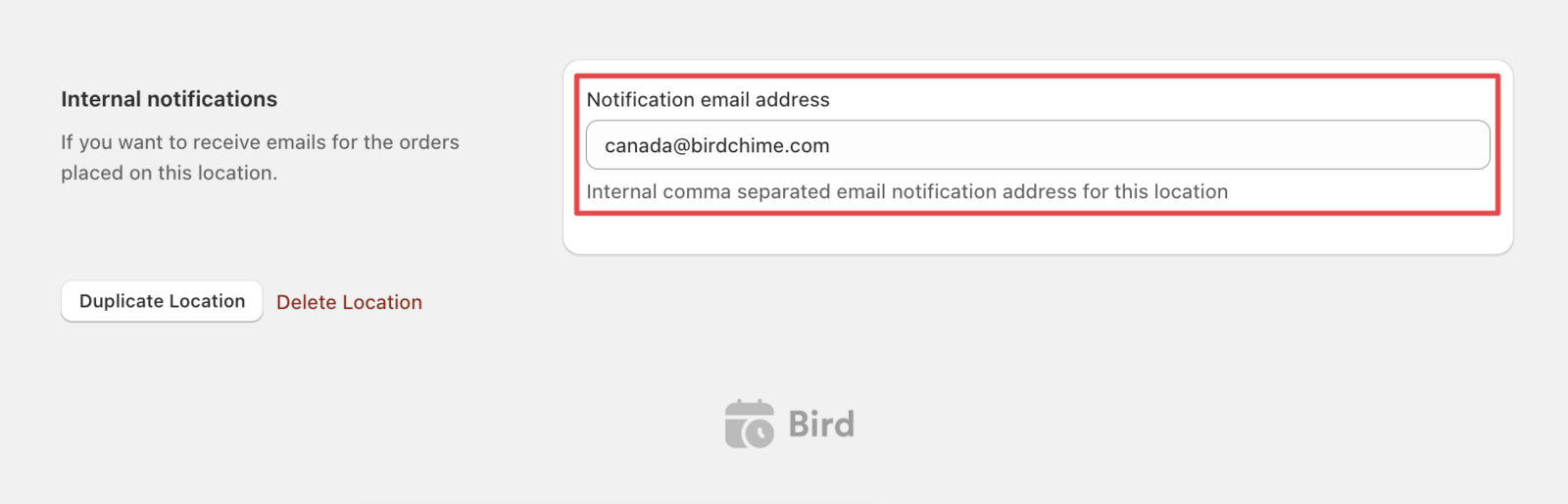 Shows the Internal Notifications section with email input fields for staff recipients