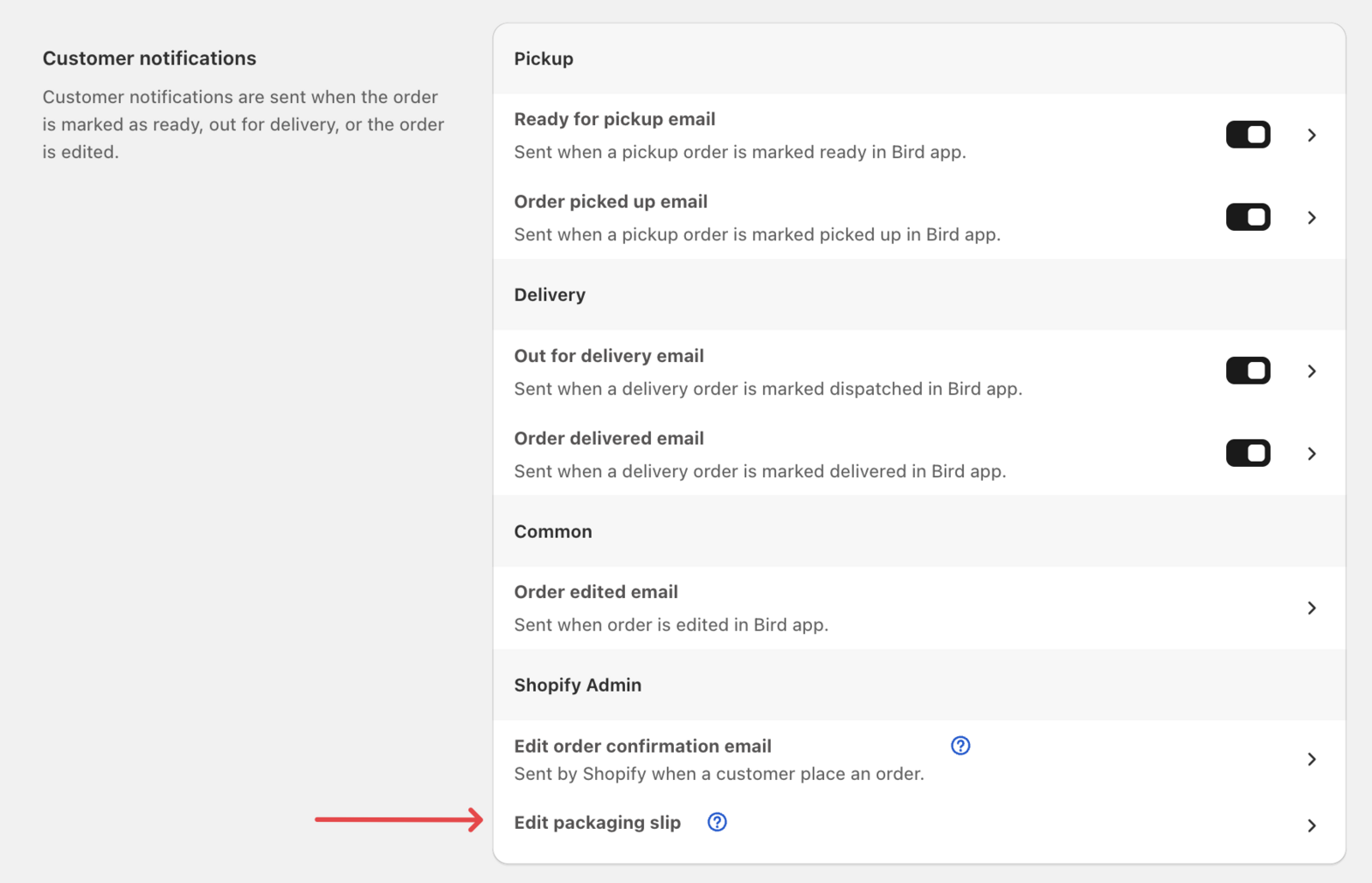 Shows the packaging slip editing option under Customer Notifications section in Notifications setting
