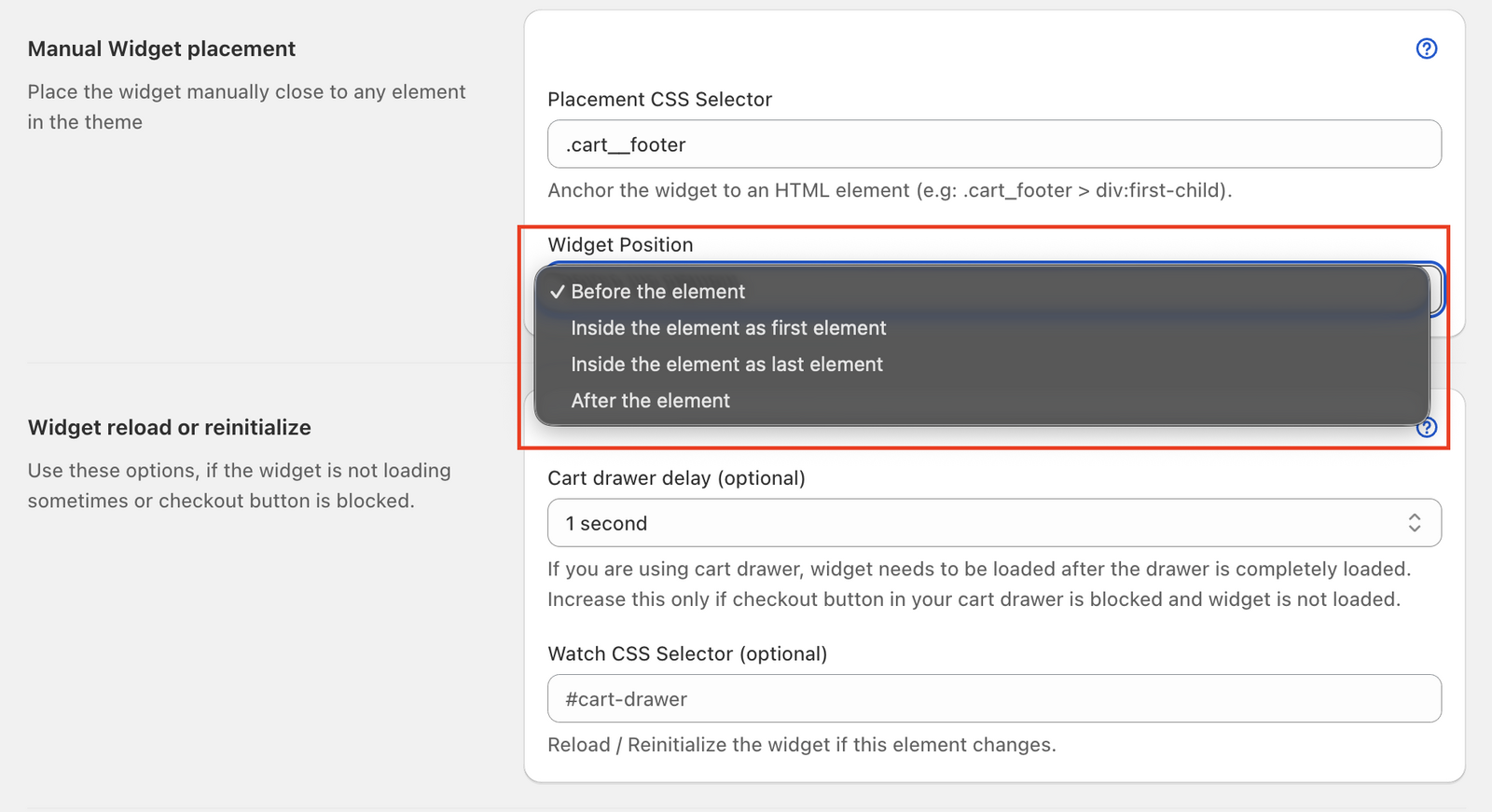 Shows the position adjustment dropdown menu with different placement options for fine-tuning widget location