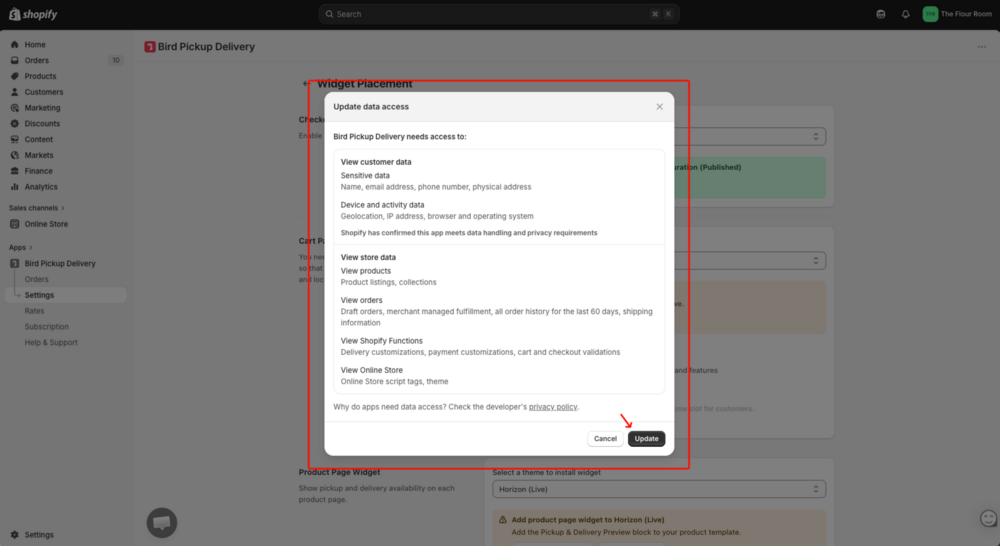 Shopify permissions dialog requesting data access for Widget V2