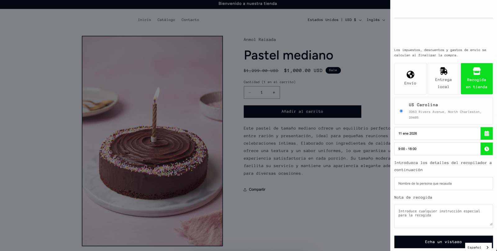 Product page with cart drawer showing the widget automatically translated to match user language