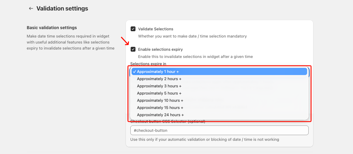 Displays the expiry time configuration interface with the dropdown menu for selecting time limits