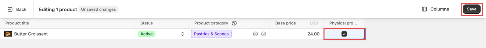 Shows the single variant product configuration screen where users can mark the product as physical items