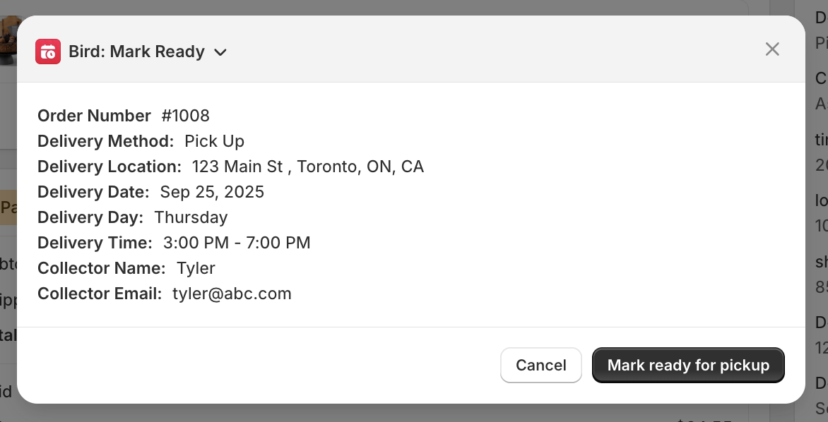 Displays the Bird App popup with order details and delivery method information