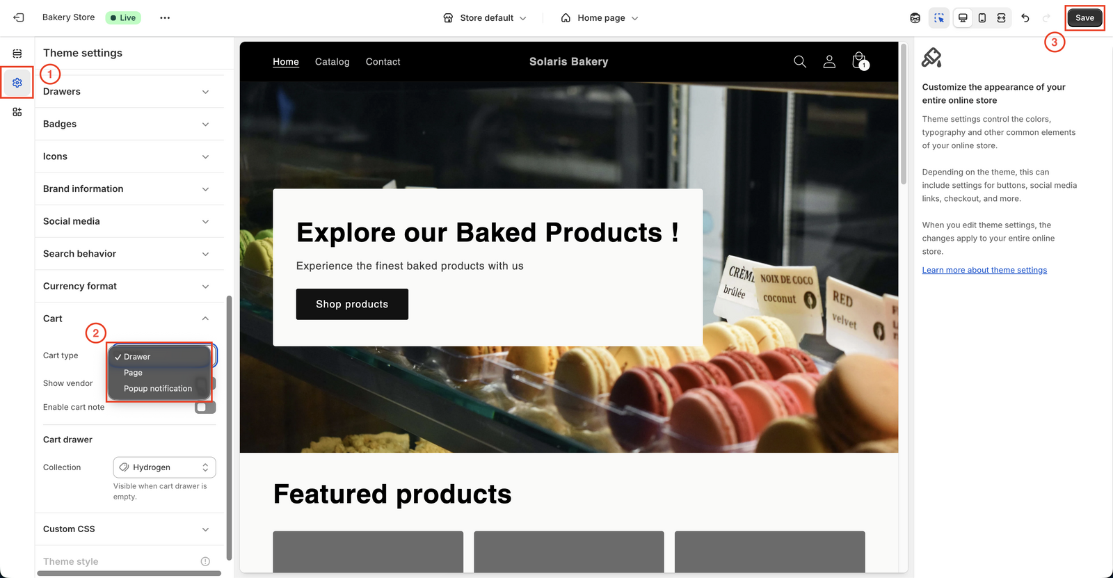 Shows the cart settings section in the theme customizer with the cart type dropdown set to "Drawer"
