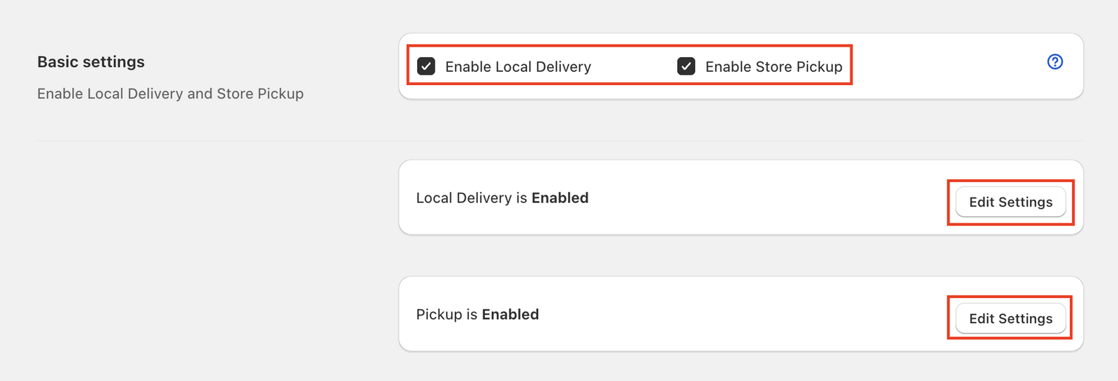 The page to select the delivery options Pickup and/or Local Delivery